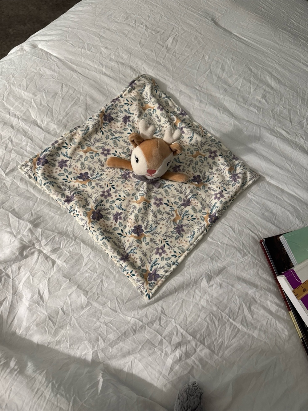Plush Deer Head Lovey Tan and White with Purple Bow - Picture 3 of 6
